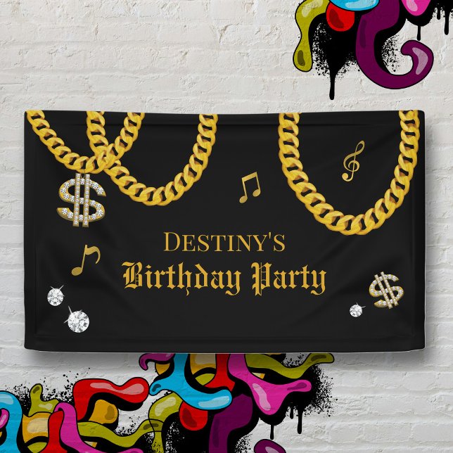 Hip Hop Music Gold Cuban Link Chain 90's Birthday Banner (Hip Hop Music Gold Cuban Link Chain 90's Birthday Banner)