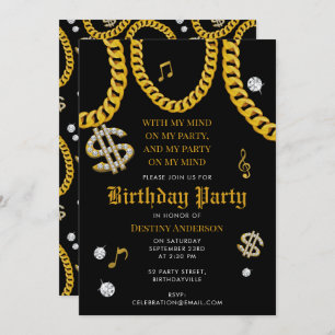 Hip Hop Music Gold Cuban Link Chain 90's Birthday Invitation