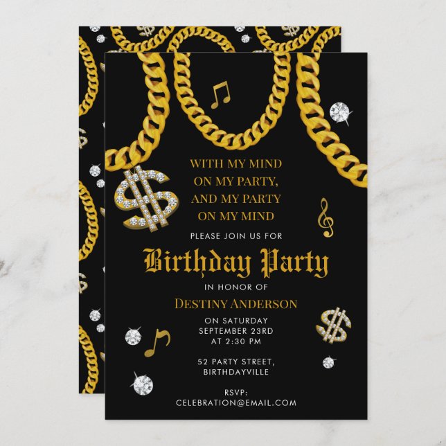 Hip Hop Music Gold Cuban Link Chain 90's Birthday Invitation (Front/Back)