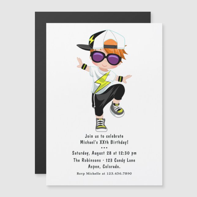 Hip Hop Rap Boy Break Dancer Birthday Party Magnetic Invitation (Front/Back)