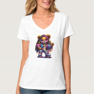 Hip-Hop Roller Skating Bear with Braids T-Shirt