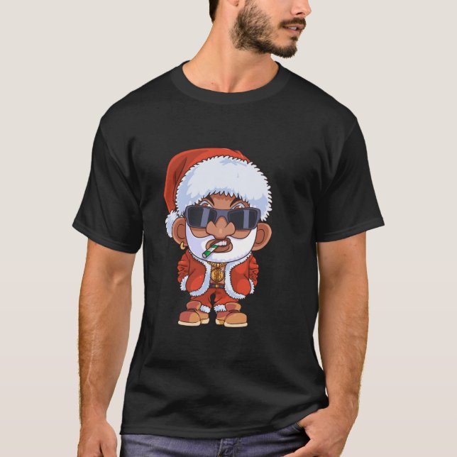 Hip Hop Santa Claus Rap Christmas Cool Black Gangs T-Shirt (Front)