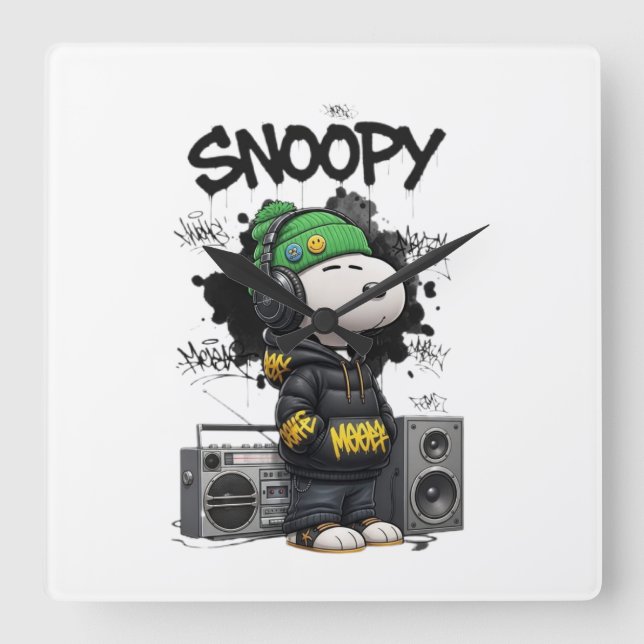Hip-Hop Snoopy Urban Street Art Illustration Square Wall Clock (Front)