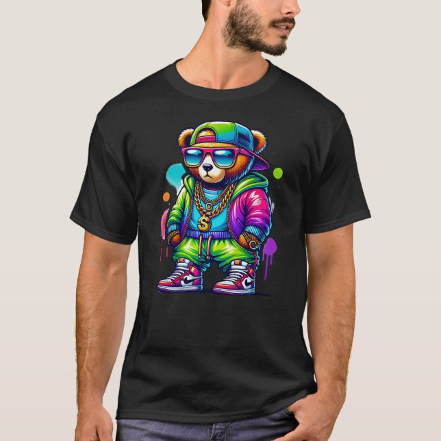 Hip hop teddy bear cool urban novelty graphic T-Shirt (Front)