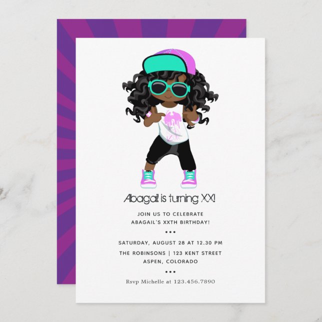 Hip Hop themed Girl Birthday Invitation (Front/Back)