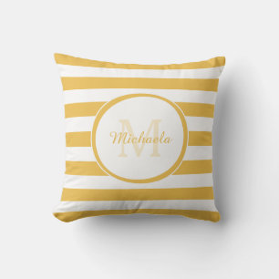 Hip Horizontal Stripes Monogram and Name in Yellow Cushion