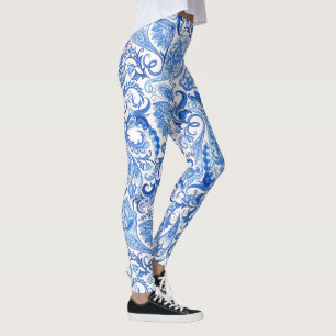 Hip Light And Dark Blue White Floral Paisley Art Leggings