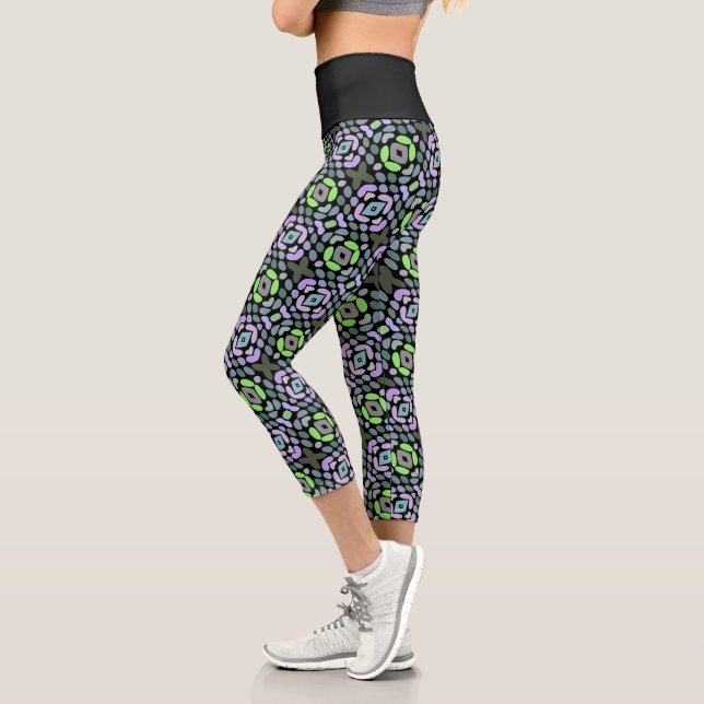 Hip Light Blue Pink Purple Lime Green Tribal Art Capri Leggings (Left)