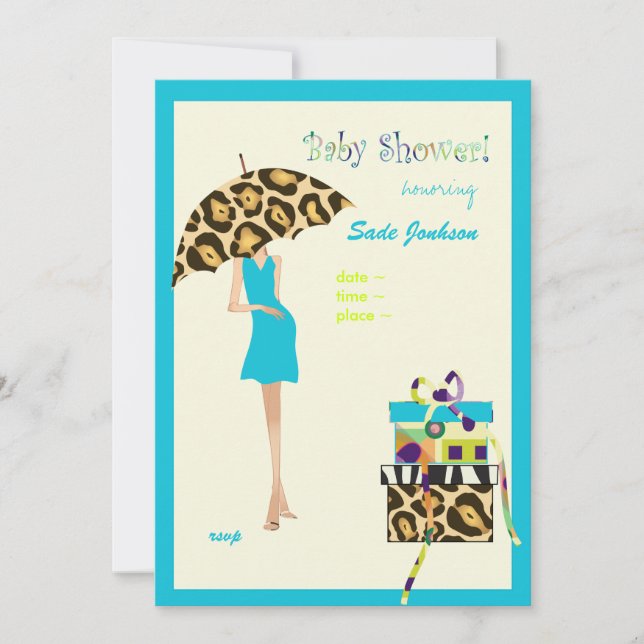 Hip Mama Baby Shower/ blue dress / leopard spots Invitation (Front)