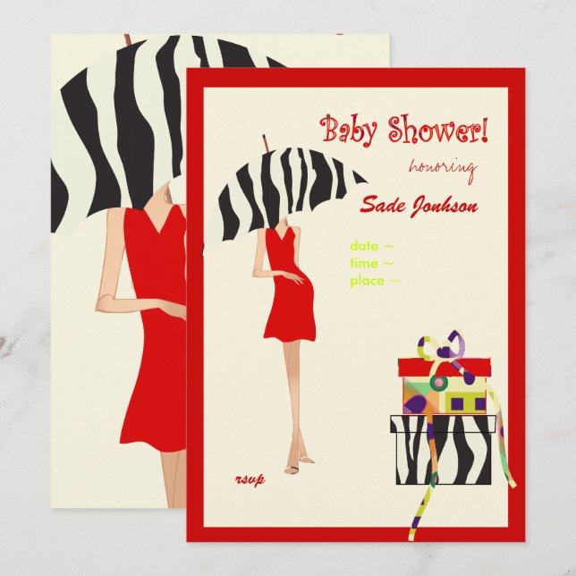 Hip Mama Baby Shower/ red dress / zebra stripes Invitation (Front/Back)