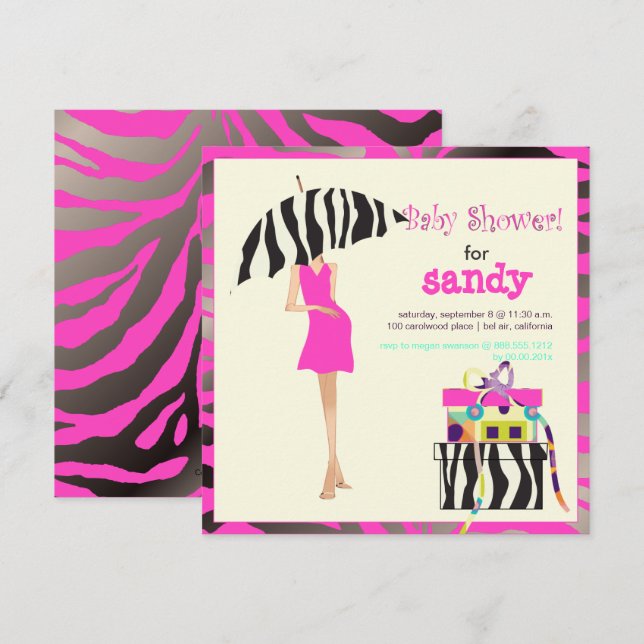 HIP MAMA, SILVER PINK ZEBRA BABY SHOWER INVITES (Front/Back)