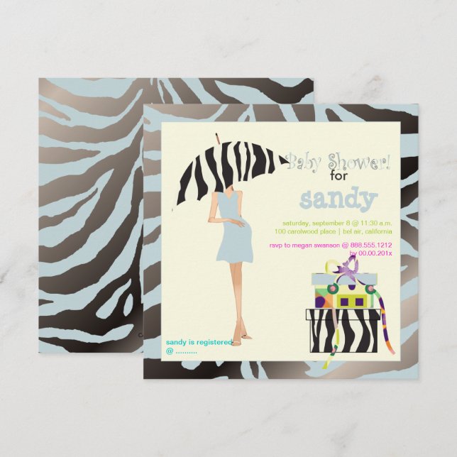 HIP MAMA, SILVERY BLUE ZEBRA BABY SHOWER INVITES (Front/Back)