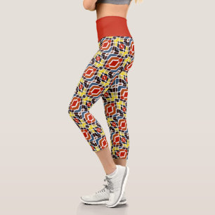 Hip Orange Brown Red Yellow Blue Oriental Art Capri Leggings