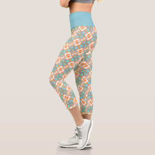 Hip Orange Yellow Turquoise Blue Oriental Art Capri Leggings
