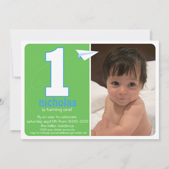 Hip Paper Aeroplane One Year Photo Invite 2 (Front)