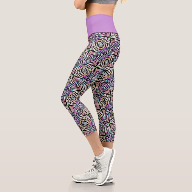 Hip Pastel Colours And Black Oriental Tribal Art Capri Leggings (Left)