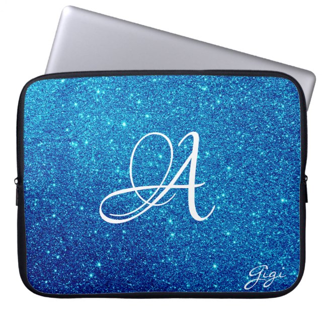 Hip Personalised blue Glitter Sparkles monogrammed Laptop Sleeve (Front)