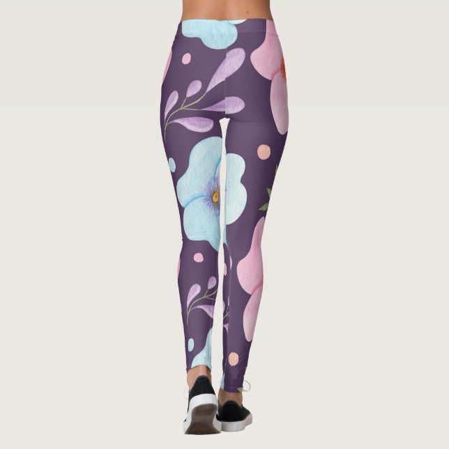 hip pink blue flower pattern women girls purple leggings (Back)