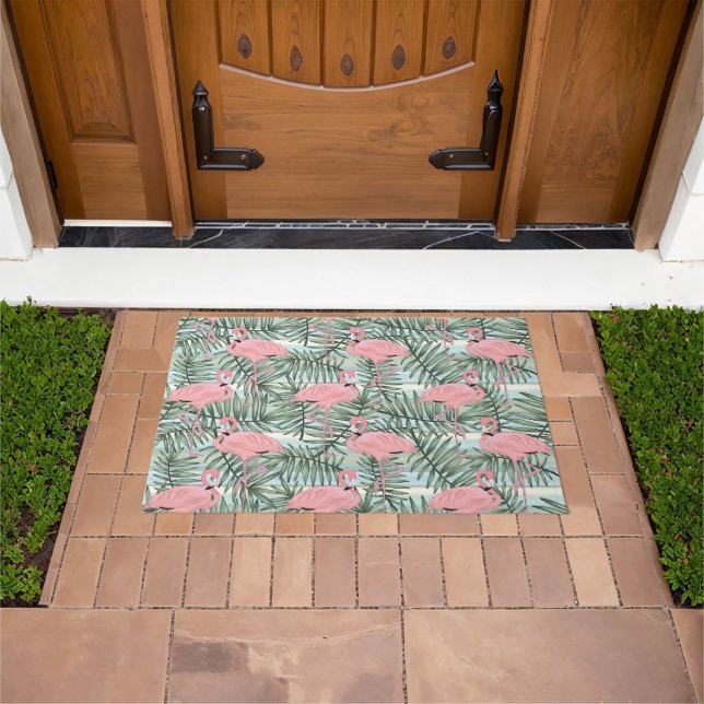 Hip Pink Flamingoes Cute Palm Leafs Pattern Doormat (Outdoor)