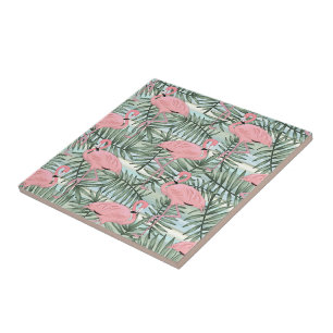 Hip Pink Flamingoes Cute Palm Leafs Pattern Tile