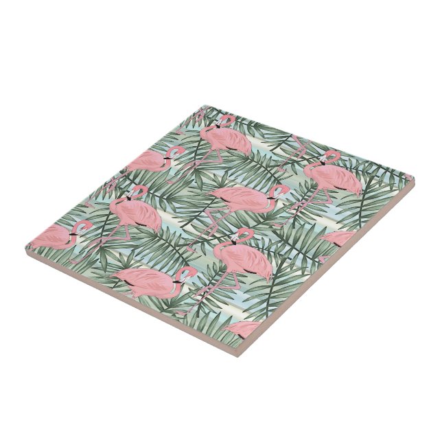 Hip Pink Flamingoes Cute Palm Leafs Pattern Tile (Side)