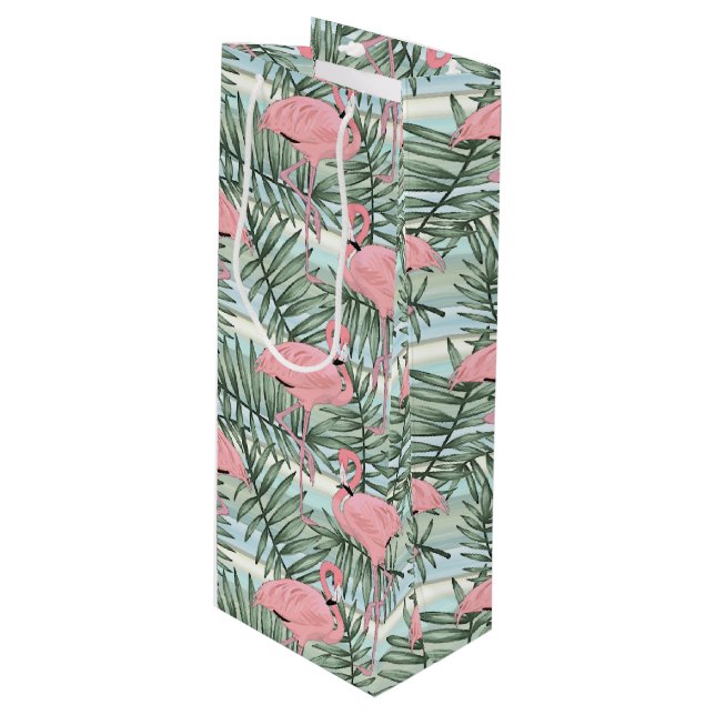 Hip Pink Flamingoes Cute Palm Leafs Pattern Wine Gift Bag (Front Angled)