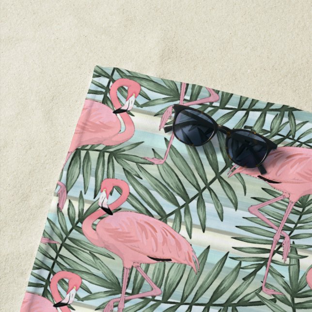 Hip Pink Flamingoes Palm Leafs Art Pattern Beach Towel (In Situ)