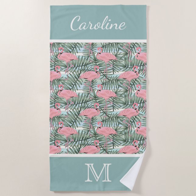 Hip Pink Flamingoes Palm Leafs Pattern Custom Beach Towel (Front)