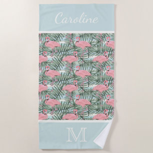 Hip Pink Flamingoes Palm Leafs Pattern Custom Beach Towel