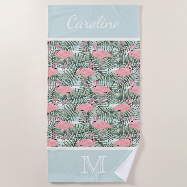 Hip Pink Flamingoes Palm Leafs Pattern Custom Beach Towel (Front)
