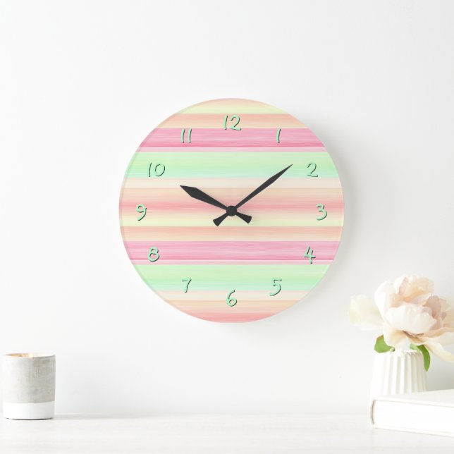Hip Pink Mint Green Watercolor Stripes Pattern Large Clock (Home)