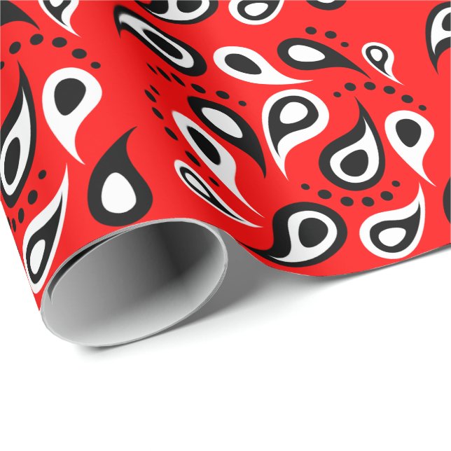 Hip Red Bandanna Print Black White Paisley and Wrapping Paper (Roll Corner)