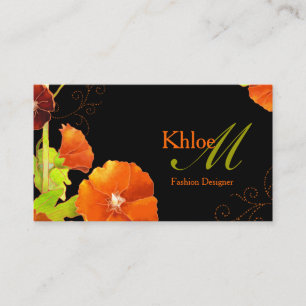 Hip Red Hollyhocks Black Monogram Business Card
