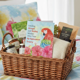 Hip Replacement Healing Scarlet Macaws, Hibiscus Card