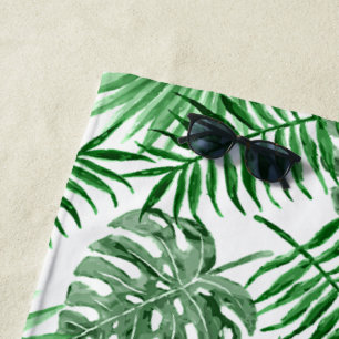 Hip Retro Tropical Green Palm Leafs Pattern Beach Towel