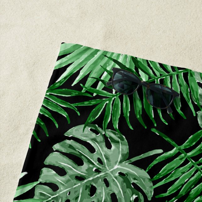 Hip Retro Tropical Green Palm Leafs Pattern Beach Towel (In Situ)