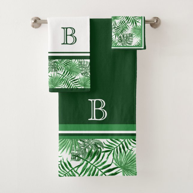Hip Retro Tropical Green Palm Leafs Pattern Custom Bath Towel Set (Insitu)