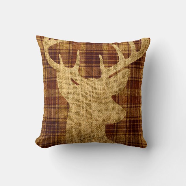 Hip Rustic Deer Silhouette on Plaid Cushion (Front)