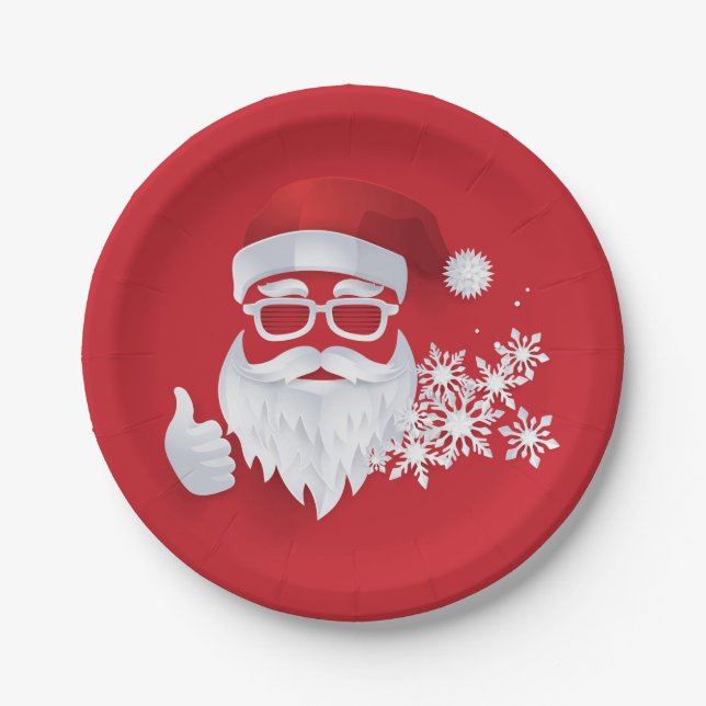 Hip Santa Claus Papercut on Red Christmas Paper Plate (Front)