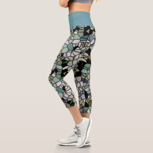 Hip Teal Blue Grey Black Terrazzo Mosaic Art Print Capri Leggings