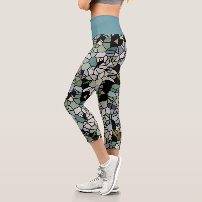 Hip Teal Blue Grey Black Terrazzo Mosaic Art Print Capri Leggings (Left)