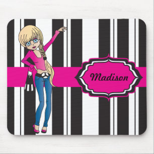 Hip Teen Girl with Black and White Stripes Mouse Mat