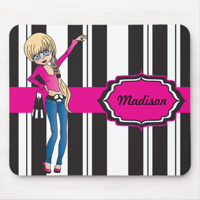 Hip Teen Girl with Black and White Stripes Mouse Mat (Front)