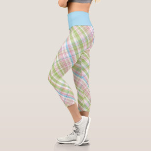 Hip Violet Pink Turquoise Green Blue Plaid Pattern Capri Leggings