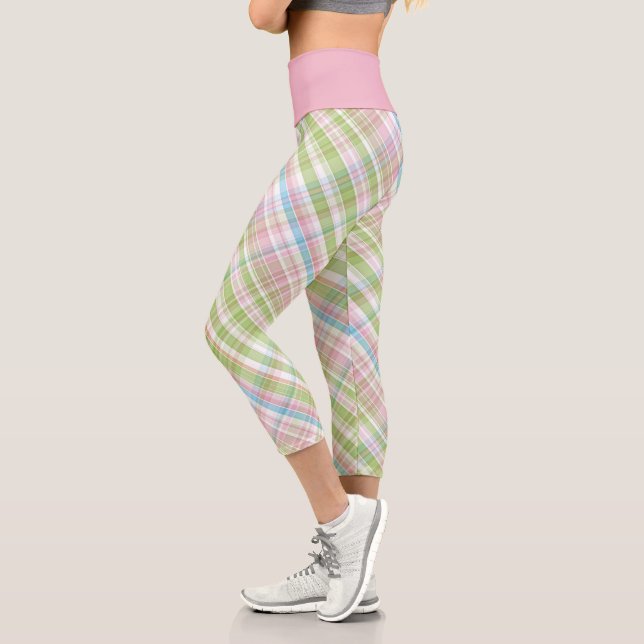 Hip Violet Pink Turquoise Green Blue Plaid Pattern Capri Leggings (Left)