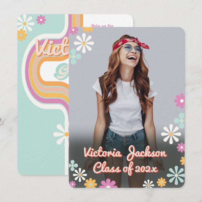Hippie 1960's 1970's Flower Power Photo Graduation Invitation (Front/Back)