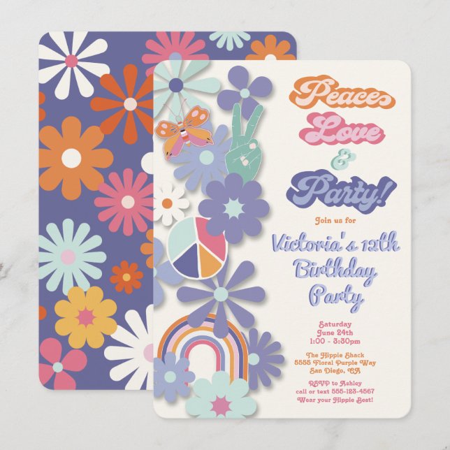 Hippie 1960's 1970's Peace Love & Party Birthday Invitation (Front/Back)