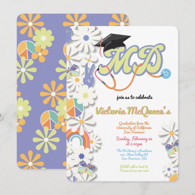 Hippie 60's 70's Doctor MD Graduation Invitation (Front/Back)