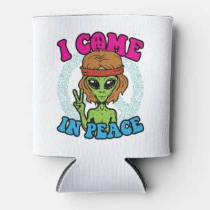 Hippie Alien I Come In Peace Trippy Peace Sign Can Cooler