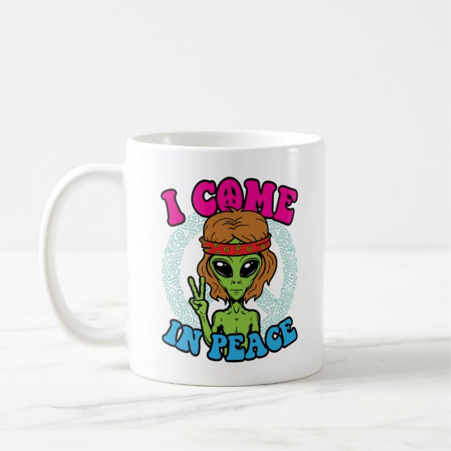 Hippie Alien I Come In Peace Trippy Peace Sign Coffee Mug (Left)